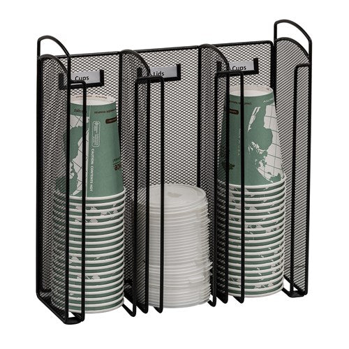 Safco Onyx Cup & Lid Holder — 3-Compartment Steel Mesh Breakroom Organizer, Black