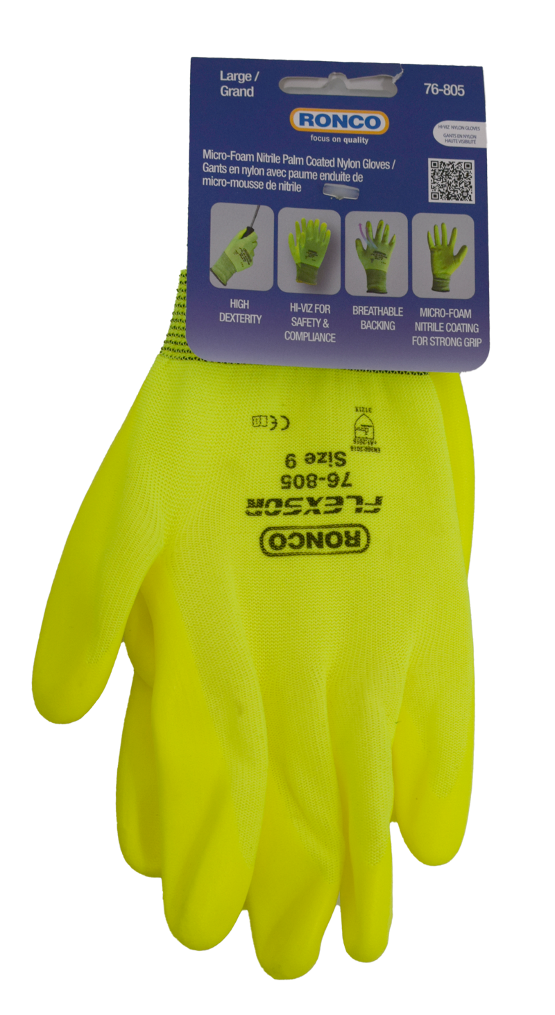 RONCO Flexsor 76-805 Hi-Viz Micro-Foam Nitrile Palm Gloves — X-Large