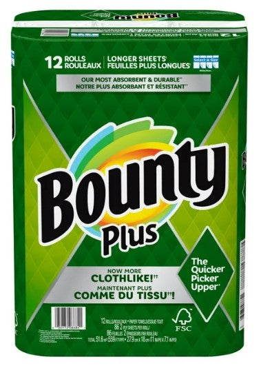 Bounty Plus Paper Towels — White, 86 Sheets/Roll (12-Roll Case)
