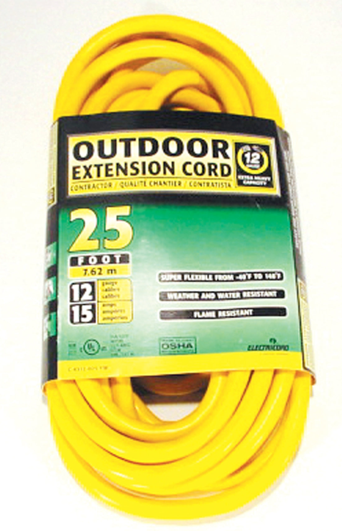 25' Extension Cord, 12/3 SJTW (Yellow)