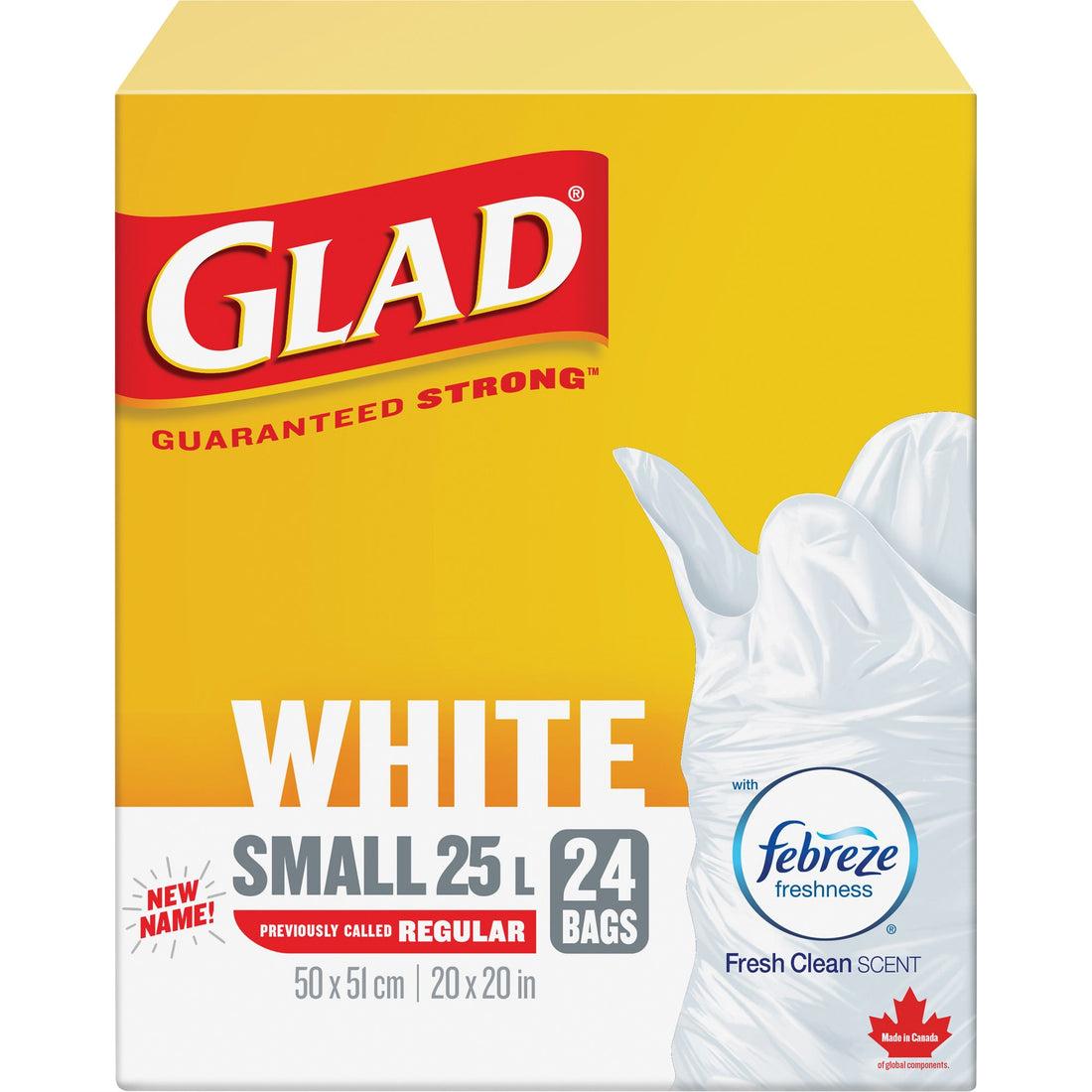 Glad Small 25L Febreze Garbage Bags, Regular, 20" W x 20" L, White
