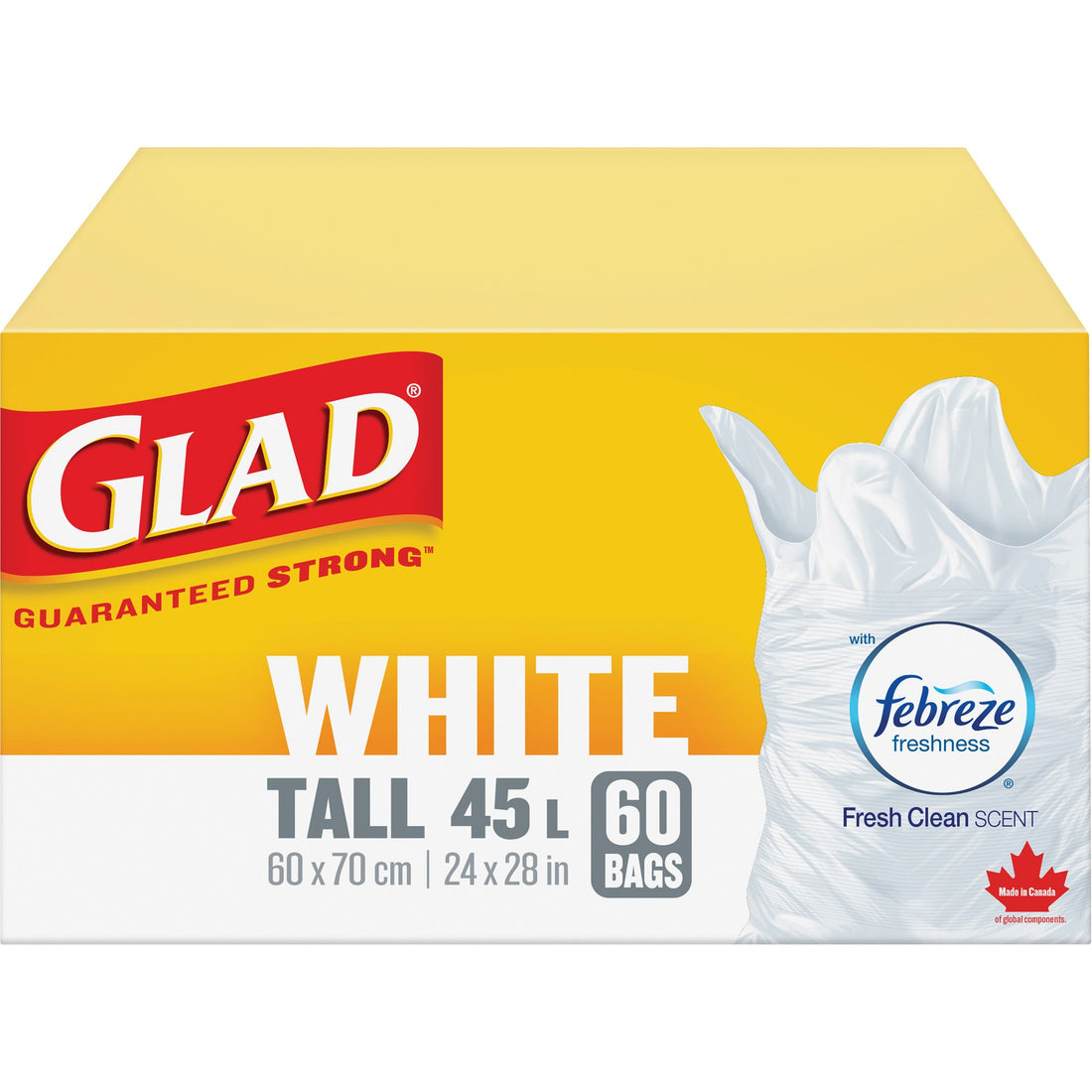 Glad Tall 45L Febreze Garbage Bags, Regular, 24" W x 28" L, White