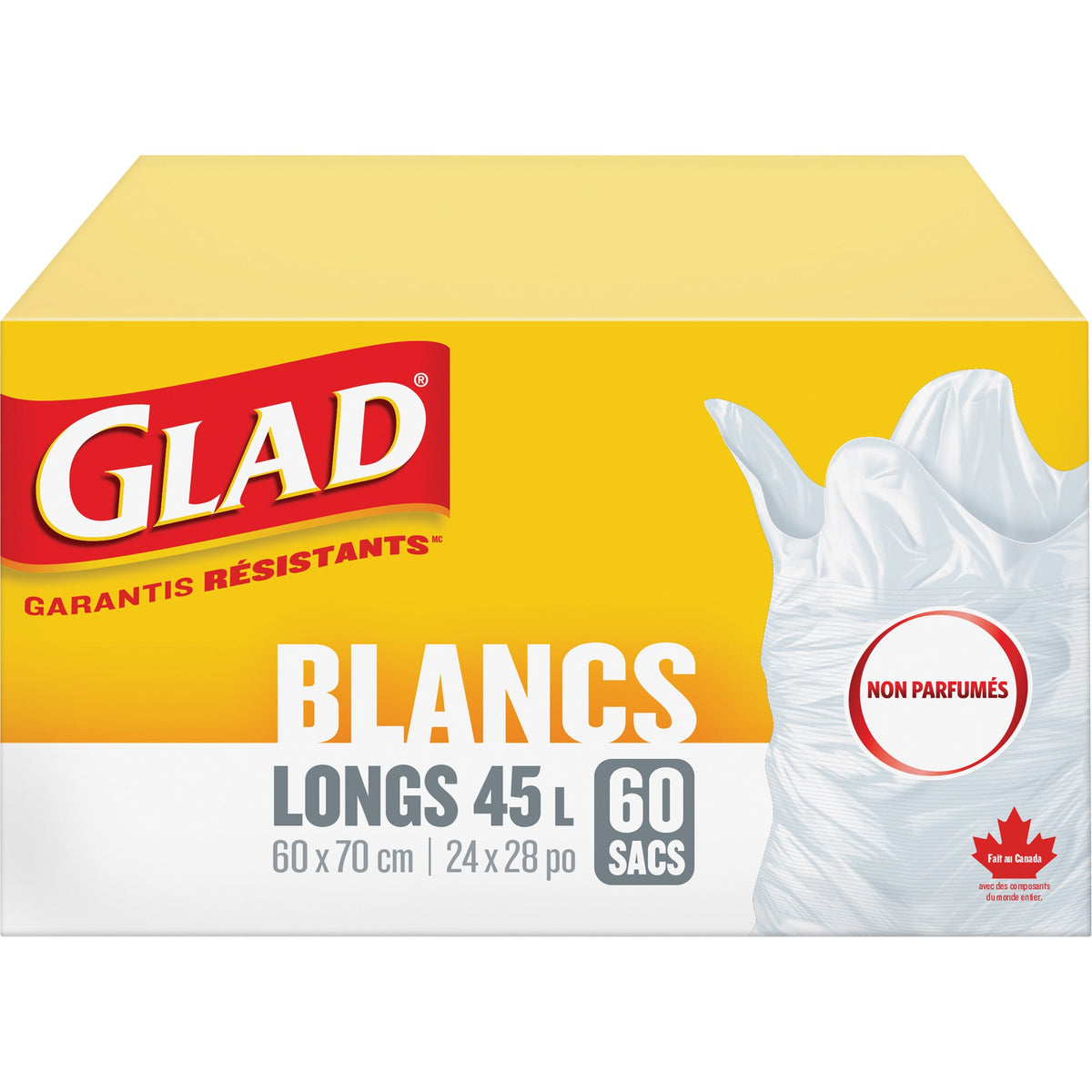 Glad Tall 45L Unscented Garbage Bags, Regular, 24" W x 28" L, White