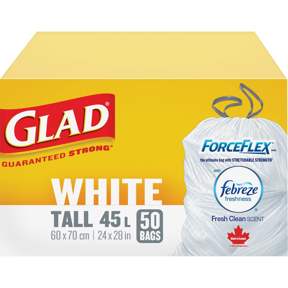 Glad Tall 45L Febreze Garbage Bags, Regular, 24" W x 28" L, White