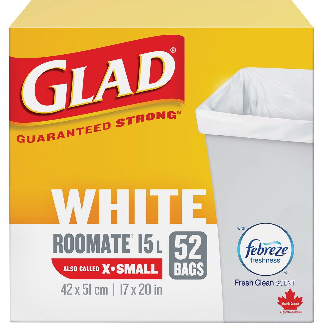 Glad X-Small 15L Roommate Febreze Garbage Bags, Regular, 17" W x 20" L, White