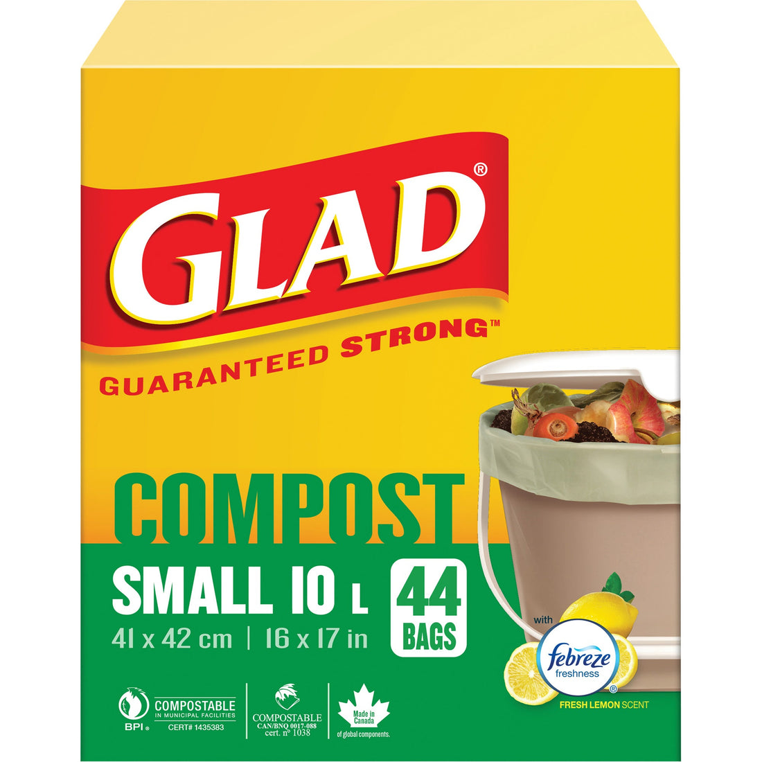 Glad Small Compostable Bags, Regular, 17" L x 16" W, Brown, 10 L (3 Gal.) Capacity