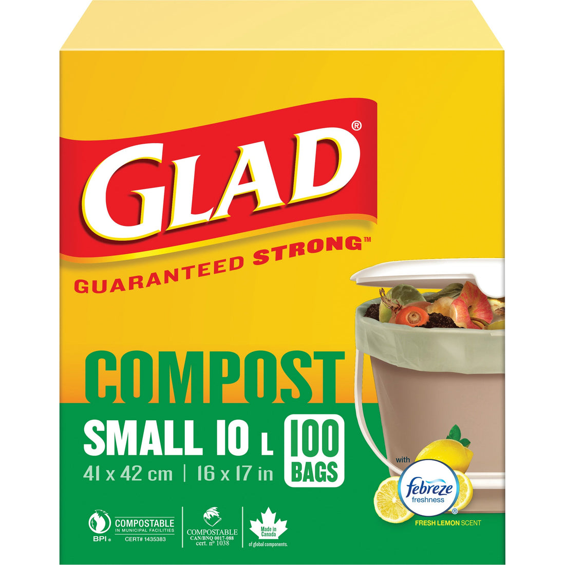 Glad Small Compostable Bags, Regular, 17" L x 16" W, Brown, 10 L (3 Gal.) Capacity