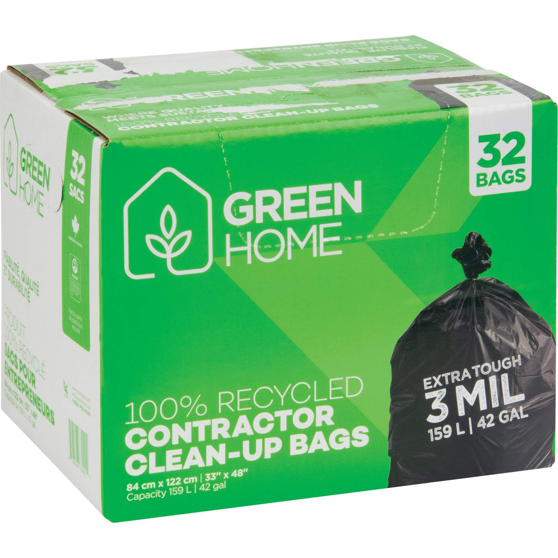 Polykar Green Home Garbage Bags, Strong, 33" W x 48" L, 3 mils, Black, 159 L (42 Gal.) Capacity
