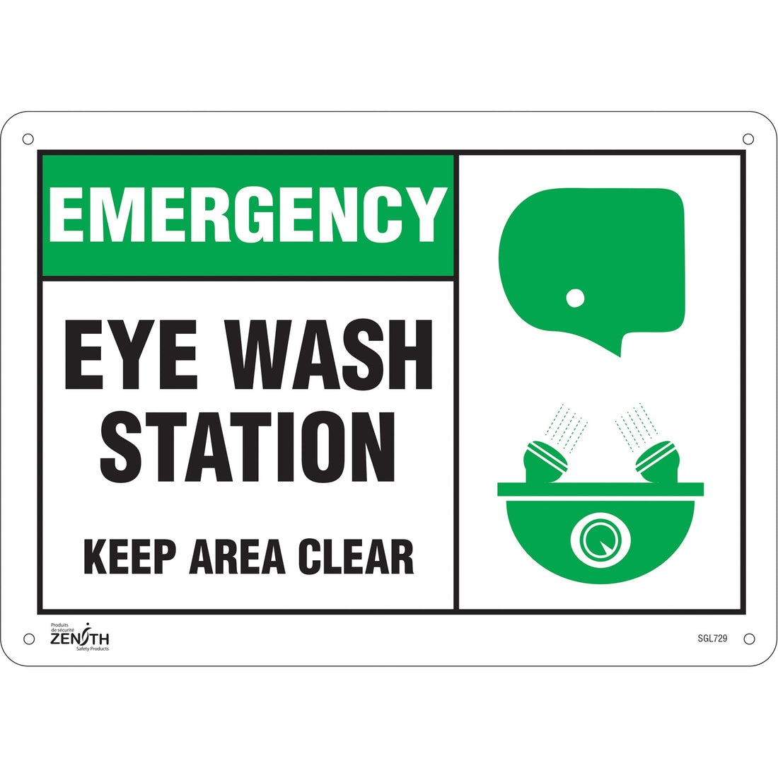 Zenith "Eye wash Station Keep Area Clear" Sign, 10" x 14", Plastic, English with Pictogram