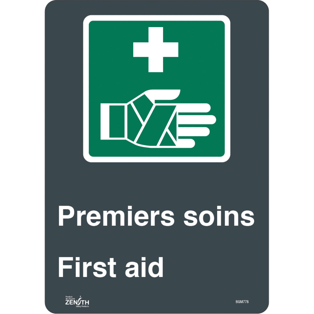 Zenith "Premier Soins/First Aid" Sign, 14" x 10", Vinyl, Bilingual with Pictogram