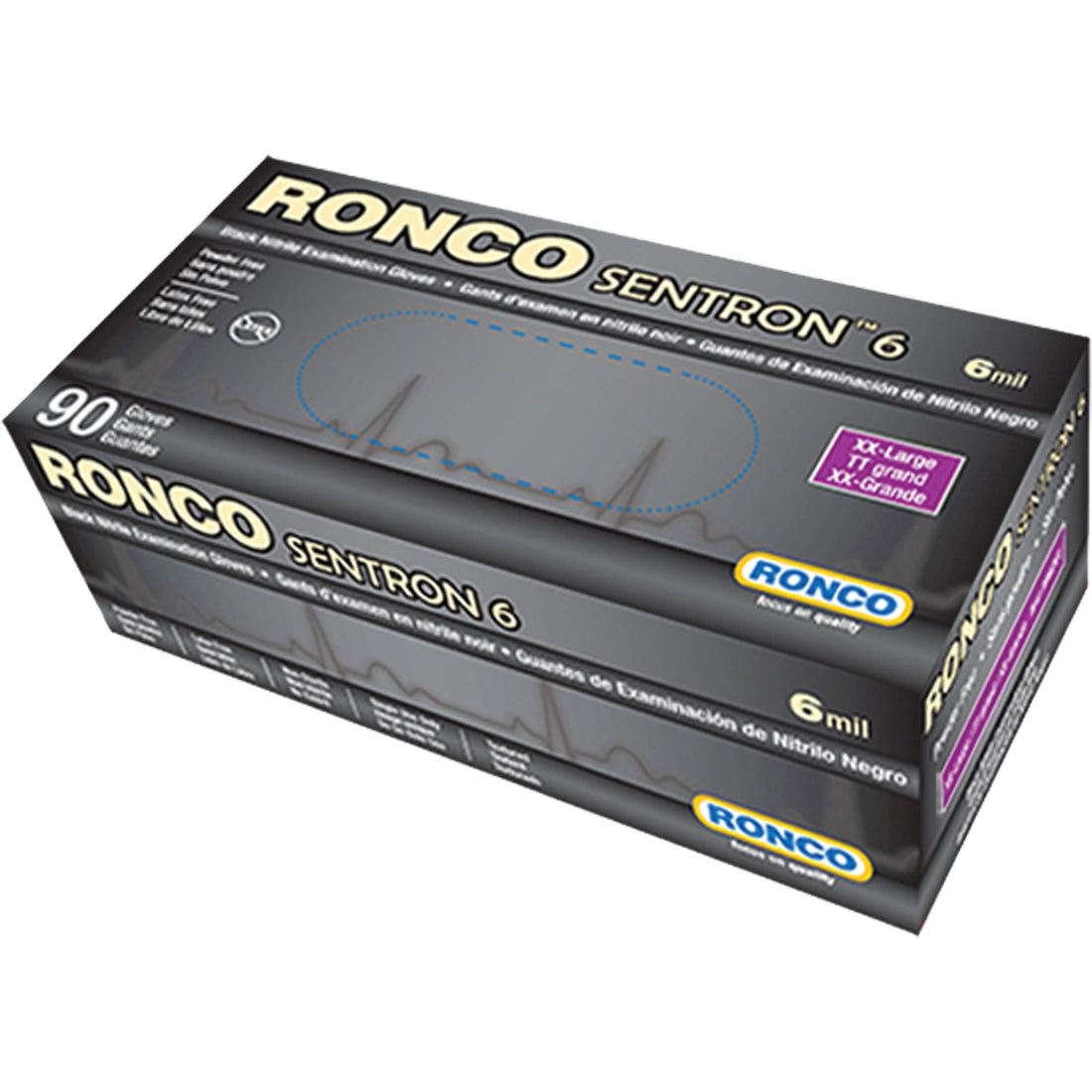 Ronco Sentron™ 6 Disposable Examination Gloves, 2X-Large, Nitrile, 6-mil, Powder-Free, Black, Class 2