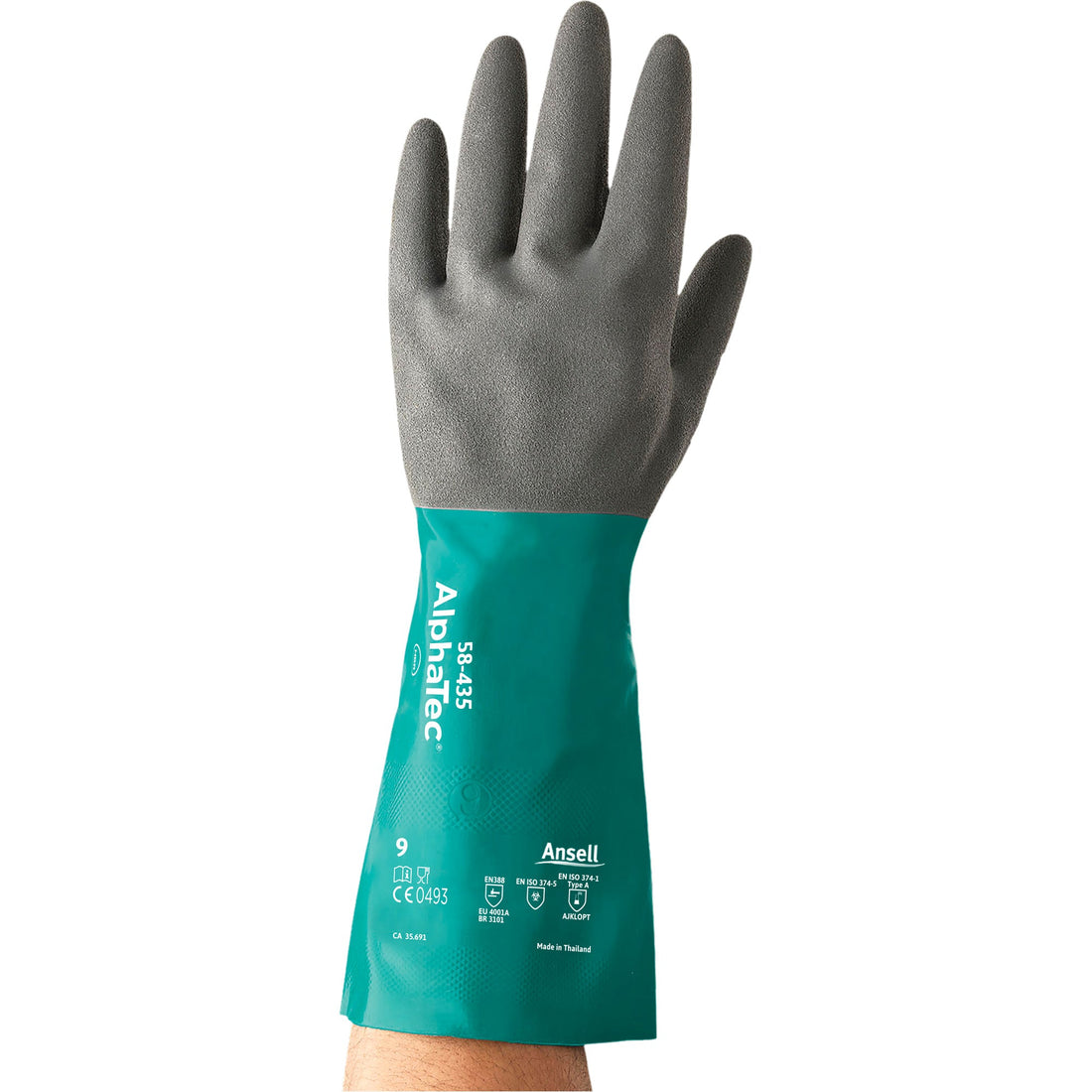 Ansell AlphaTec 58-435 Series Chemical Resistant Gloves, 15" L, Nitrile, Cotton/Flock-Lined Inner Lining, 10-mil