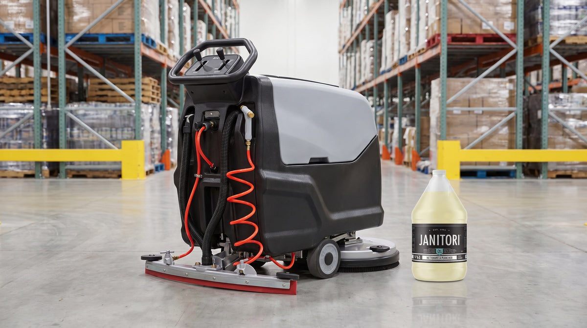 Commercial walk-behind floor scrubber on a clean warehouse floor beside a JANITORI Floor Cleaner No.61 jug