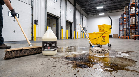 Janitori degreaser jug on an oil-stained concrete warehouse floor next to a mop bucket and push broom