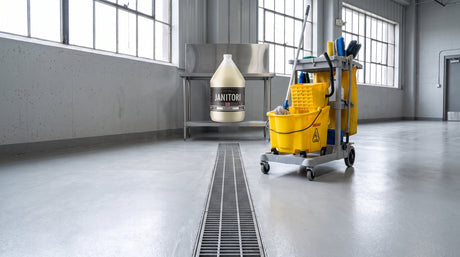 JANITORI biodegradable degreaser near a facility floor drain, environmentally responsible cleaning maintenance