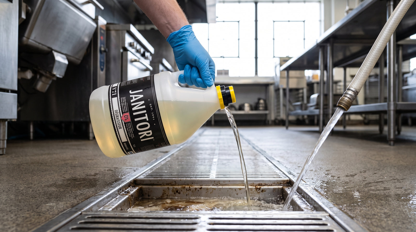 Plant-derived biodegradable degreaser being poured near a commercial facility floor drain
