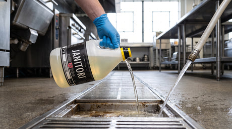 Plant-derived biodegradable degreaser being poured near a commercial facility floor drain