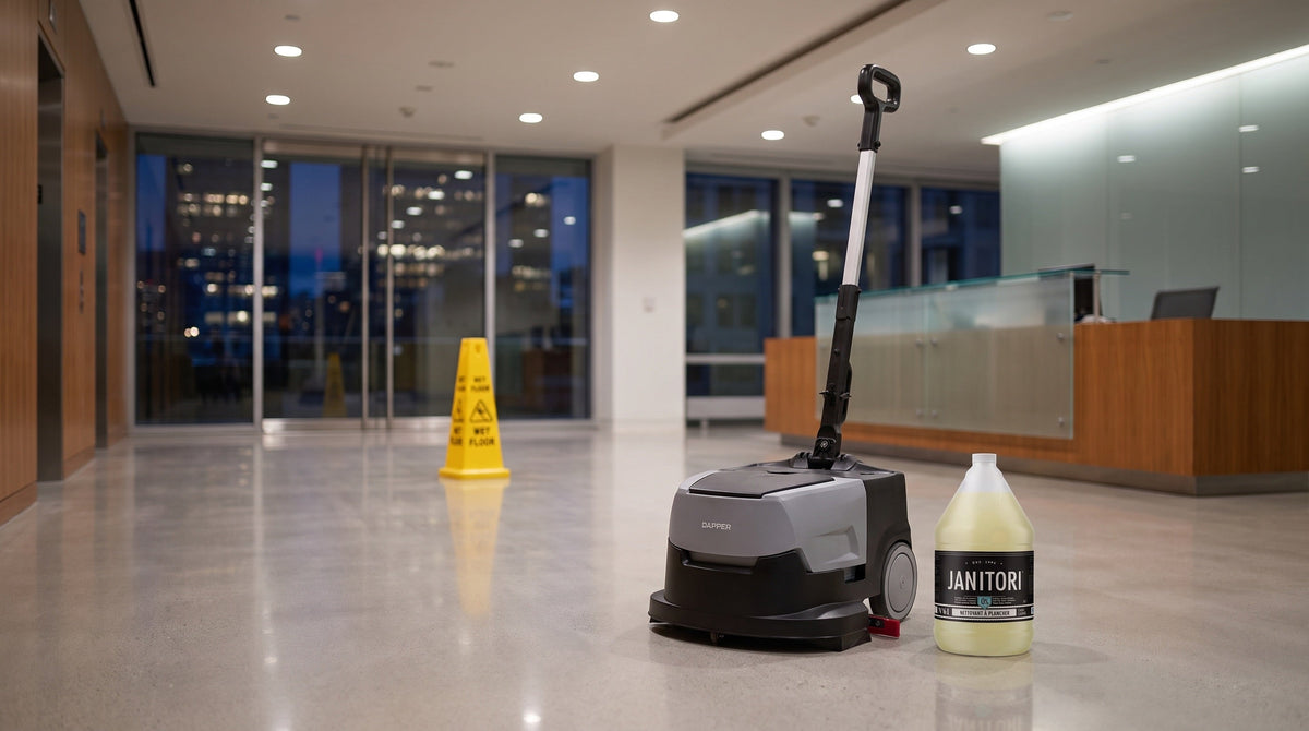 Compact automatic floor scrubber beside a JANITORI Floor Cleaner No.61 jug on an office lobby floor after hours
