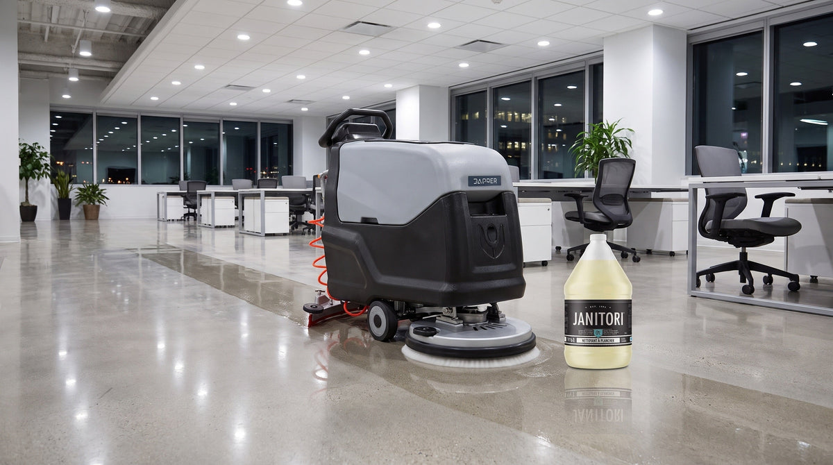 Compact automatic floor scrubber cleaning a large open office floor beside a JANITORI Floor Cleaner No.61 jug