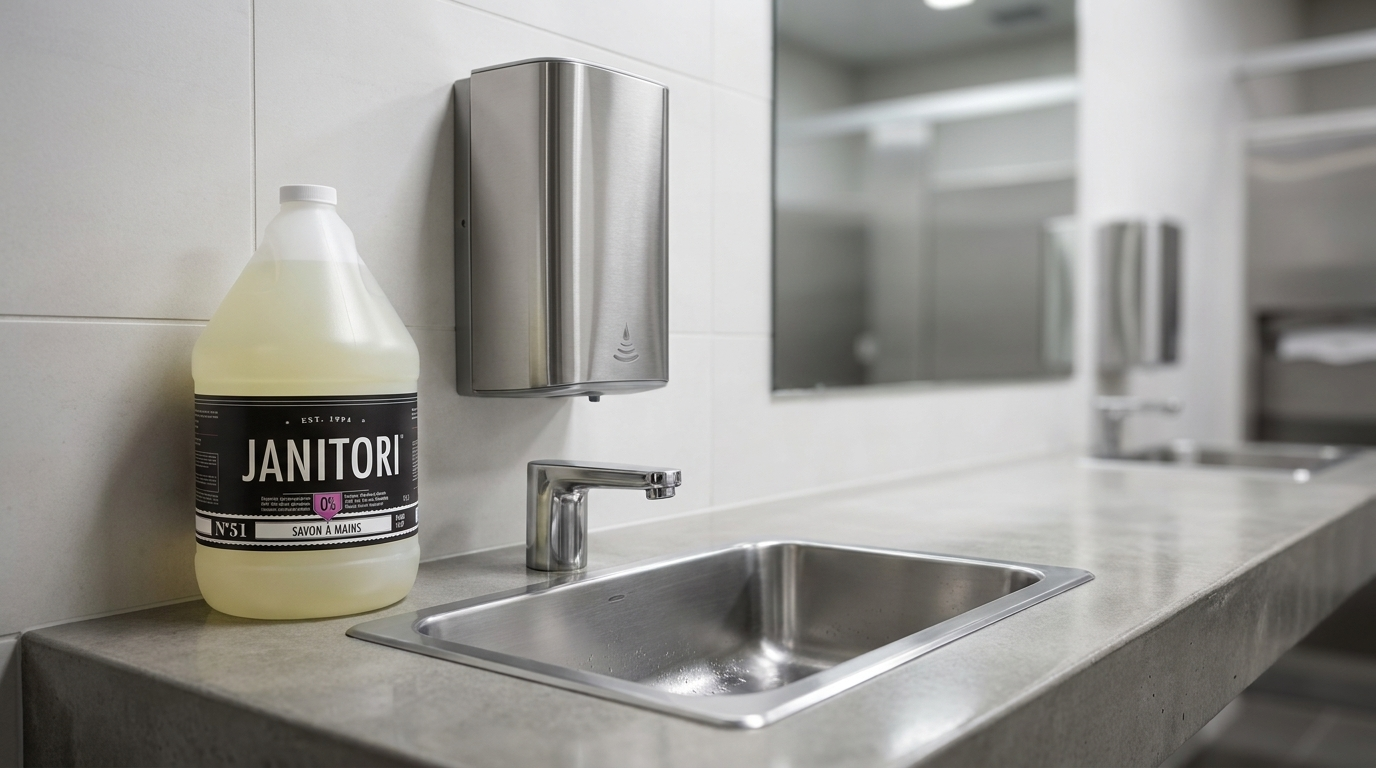 Stainless steel touchless soap dispenser wall-mounted above washroom sink beside JANITORI No.51 bulk hand soap jug