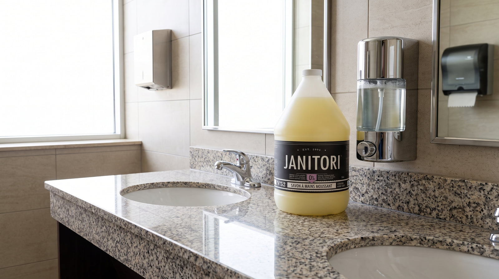 Foaming hand soap refill jug beside a wall-mounted dispenser in a commercial washroom