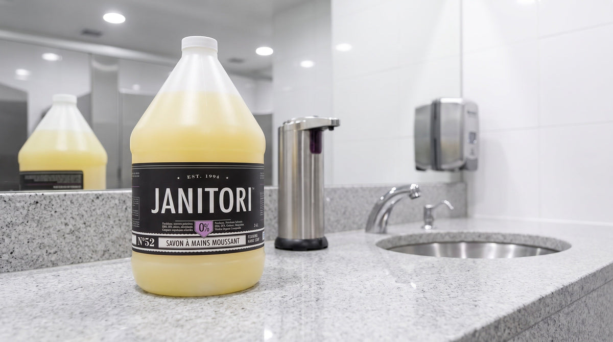 JANITORI No.52 foaming hand soap beside a commercial washroom sink and dispenser