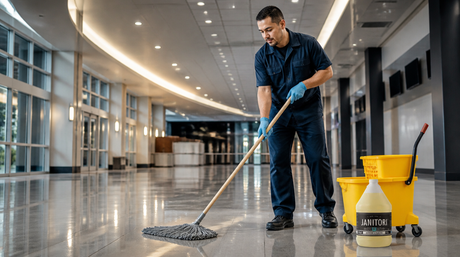 Facilities maintenance worker mopping a commercial corridor with JANITORI No.61 floor cleaner
