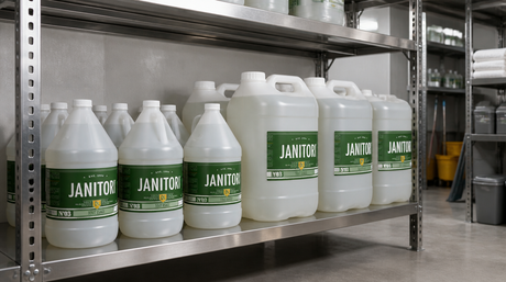 Janitori biodegradable cleaning product line arranged on commercial facility shelving