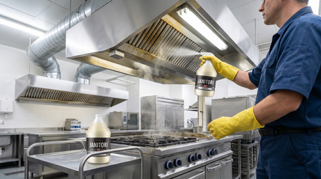 Facilities worker cleaning a commercial kitchen hood with JANITORI industrial degreaser