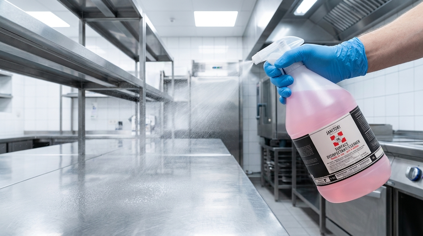 Commercial disinfectant spray applied to stainless steel surface in institutional facility — JANITORI™ Assassin No.08