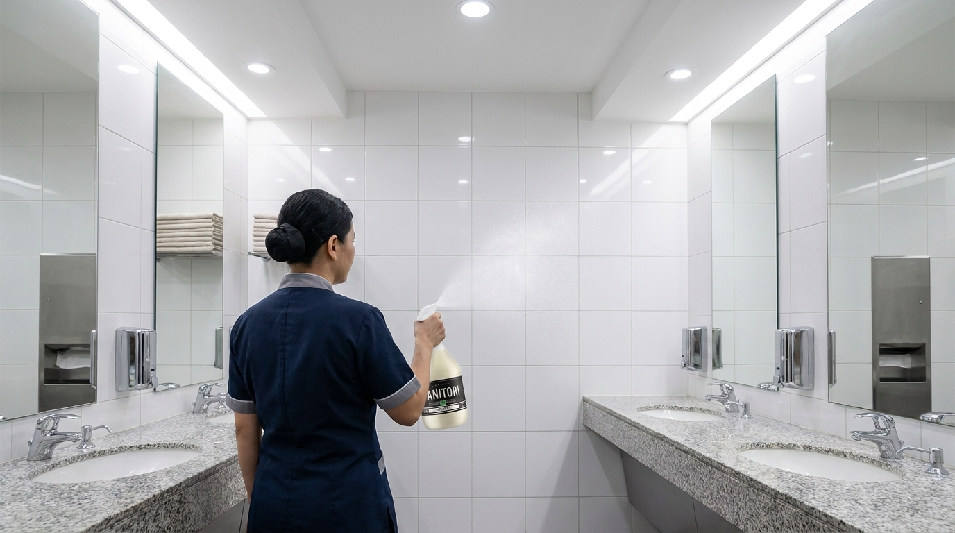 Commercial bathroom cleaner in use at a professional facility washroom — JANITORI™ No.02