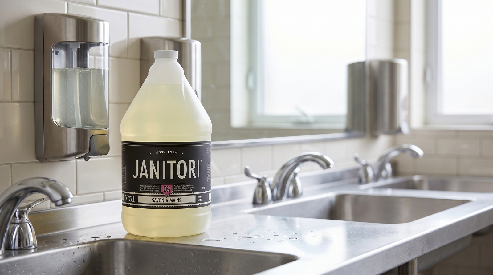 JANITORI No.51 bulk hand soap on a commercial washroom counter beside a wall dispenser