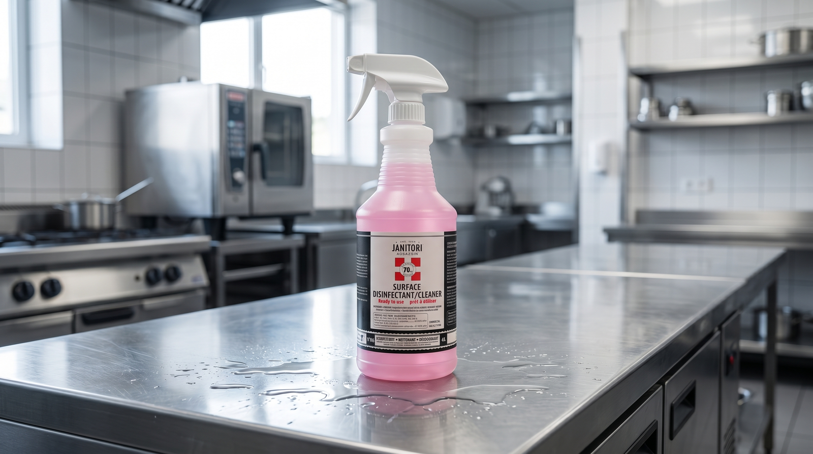 JANITORI No.08 surface disinfectant on a stainless prep surface in a commercial kitchen