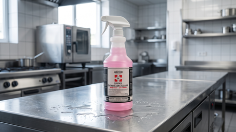JANITORI No.08 surface disinfectant on a stainless prep surface in a commercial kitchen