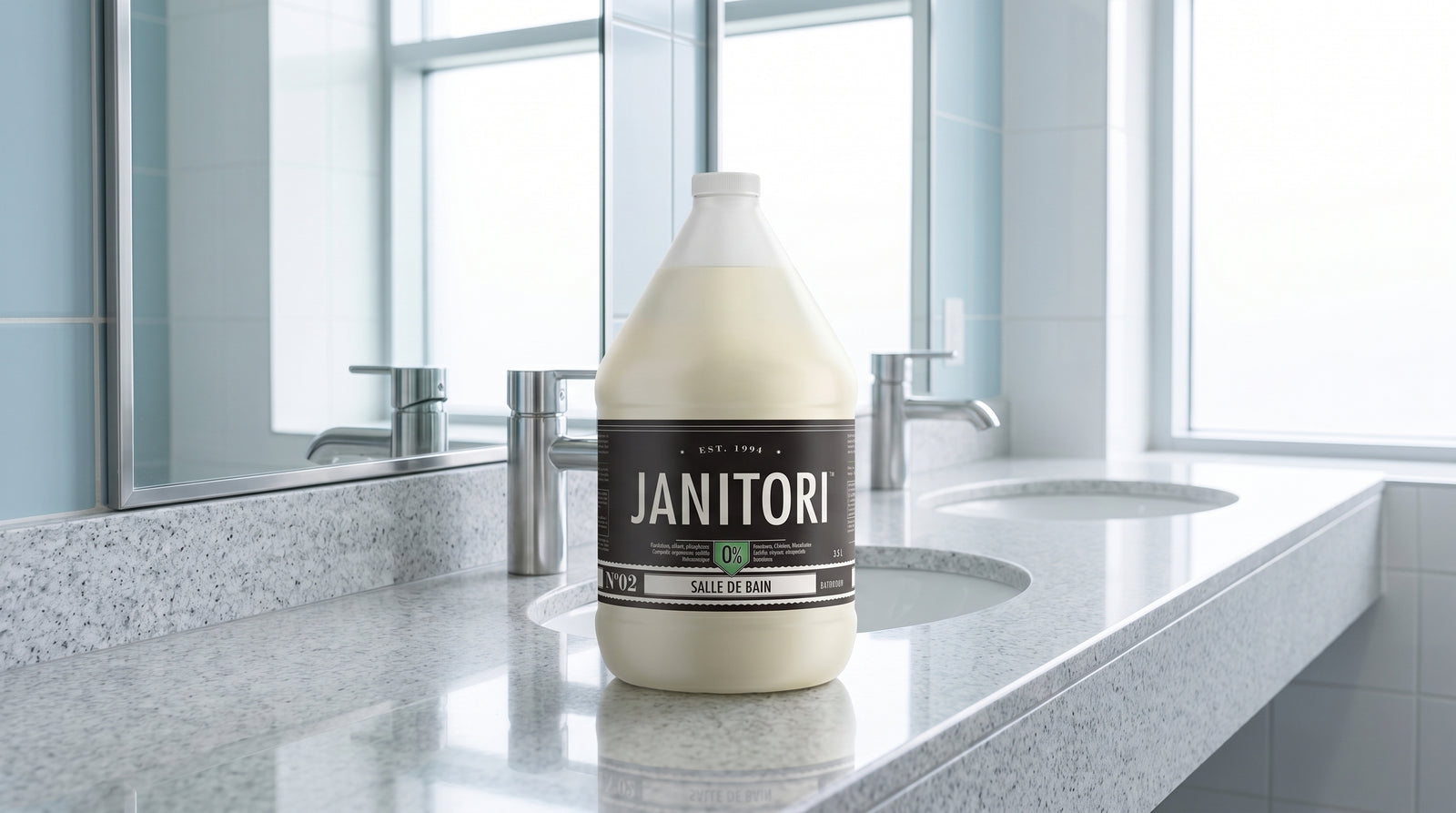 JANITORI No.02 bathroom cleaner on a commercial restroom counter