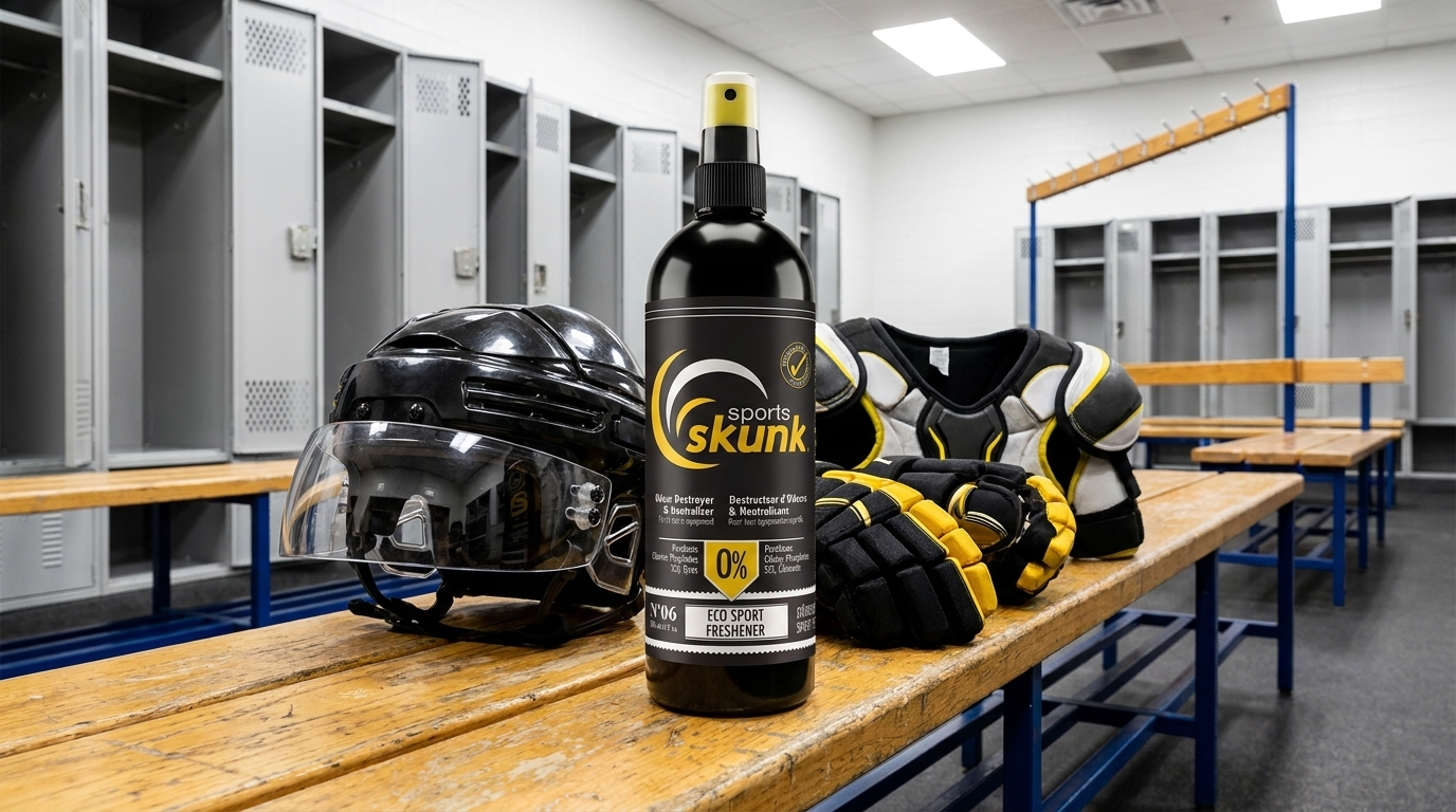 Sports Skunk No.06 commercial enzyme cleaner on locker room bench with clean hockey equipment