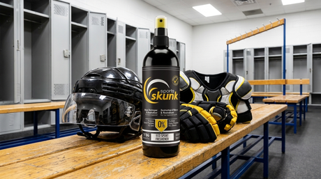 Sports Skunk No.06 commercial enzyme cleaner on locker room bench with clean hockey equipment