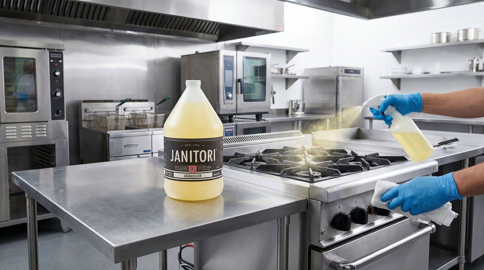 Gloved kitchen worker applying JANITORI food-safe degreaser to stainless steel commercial equipment