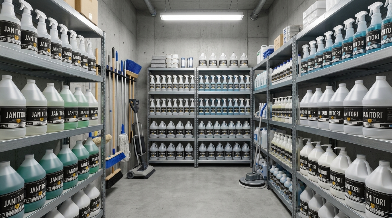 Commercial cleaning supplies for business — Janitori plant-based cleaning products on industrial facility shelving in a Canadian commercial facility