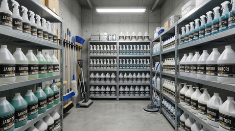 Commercial cleaning supplies for business — Janitori plant-based cleaning products on industrial facility shelving in a Canadian commercial facility