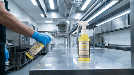 Gloved worker applying disinfectant spray to commercial facility surface — JANITORI cleaning protocol