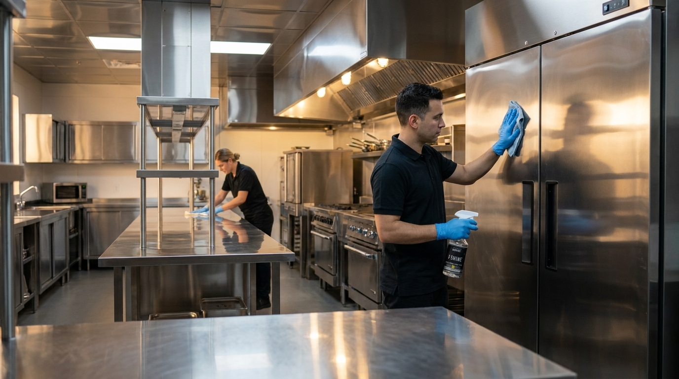 Commercial kitchen worker polishing stainless steel equipment — iSHINE No.09 by JANITORI