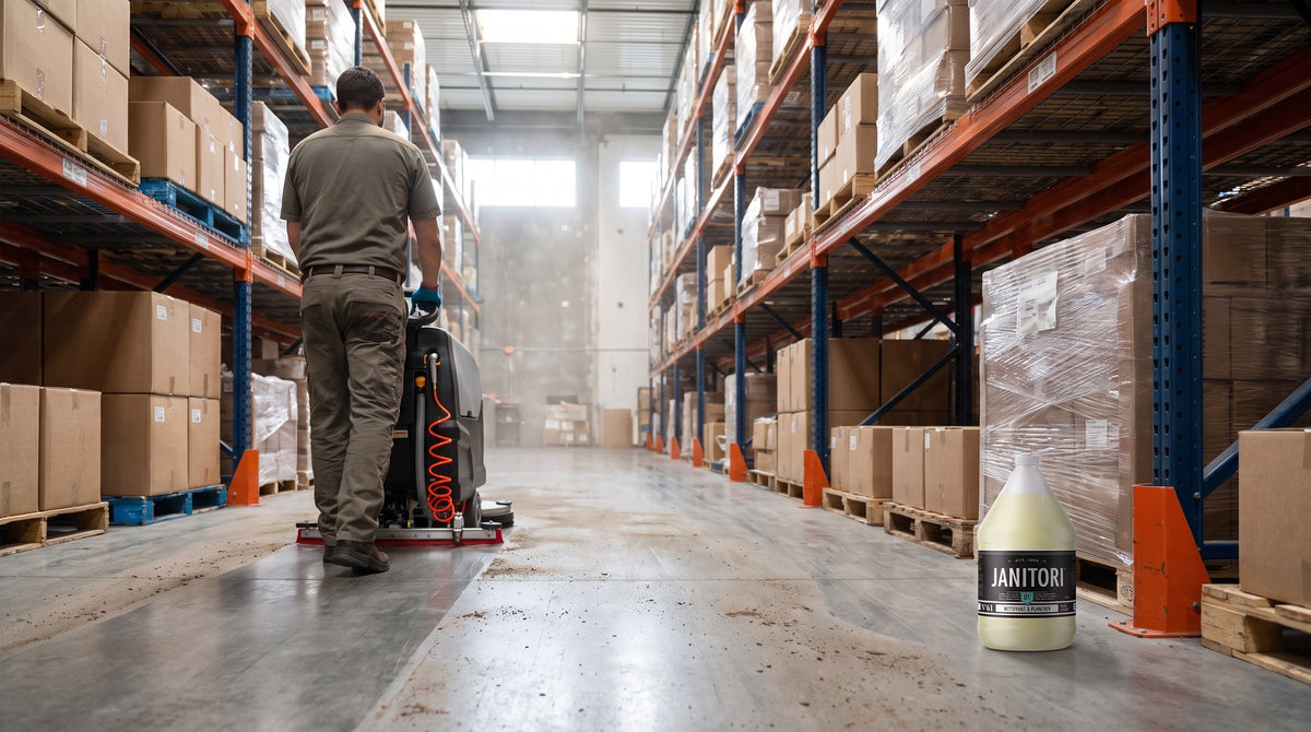 Walk-behind auto scrubber cleaning a sealed concrete warehouse aisle, JANITORI Floor Cleaner No.61 jug on the floor beside it