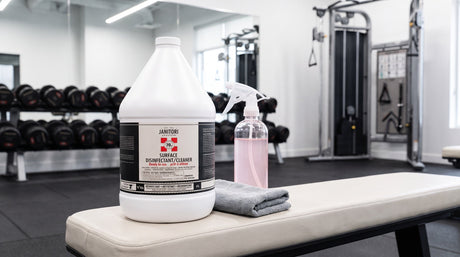 JANITORI surface disinfectant on a bench in a commercial gym