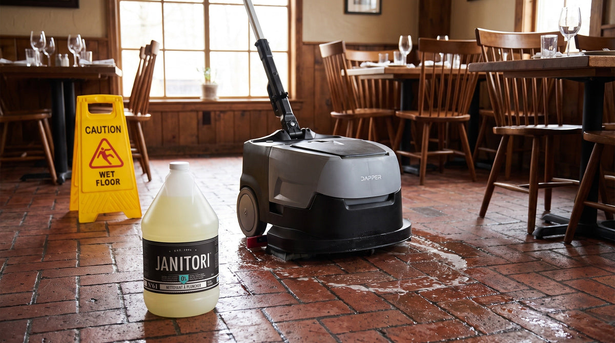 Automatic floor scrubber cleaning a brick floor in a restaurant dining room beside a JANITORI Floor Cleaner No.61 jug