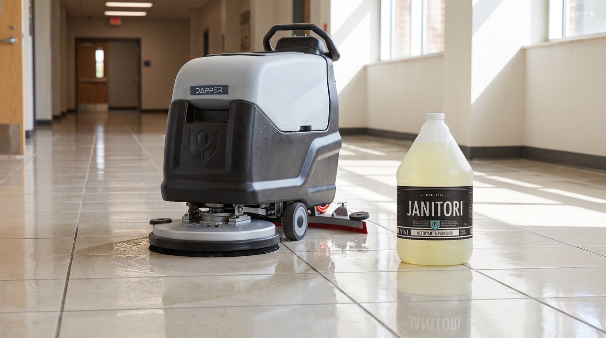 Walk-behind floor scrubber cleaning a ceramic tile corridor beside a JANITORI Floor Cleaner No.61 jug