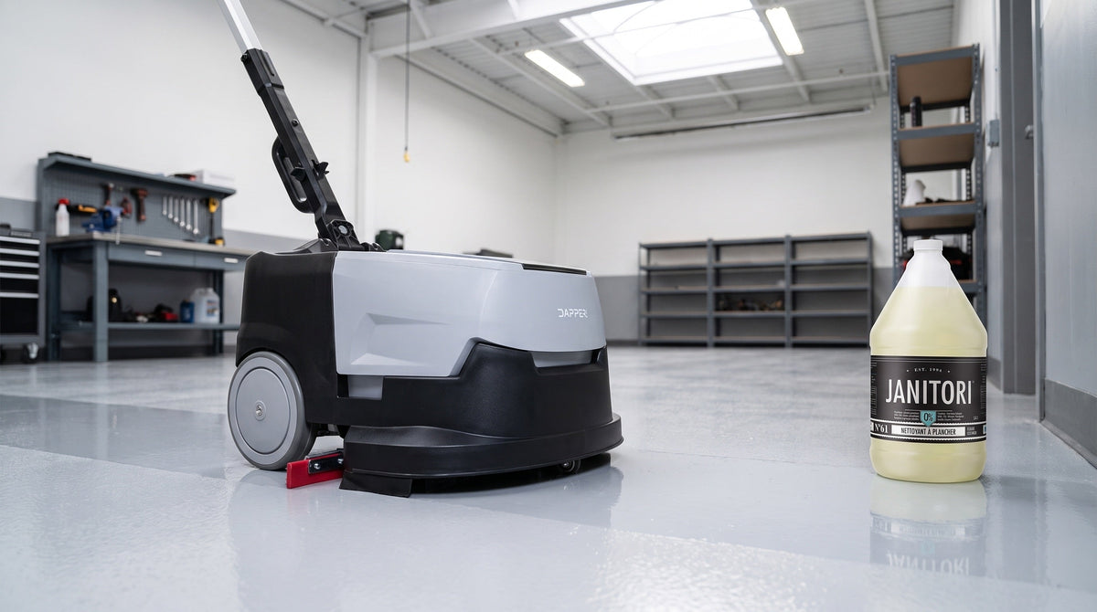 Compact commercial auto scrubber cleaning a glossy gray epoxy floor in a service bay beside a JANITORI Floor Cleaner No.61 jug