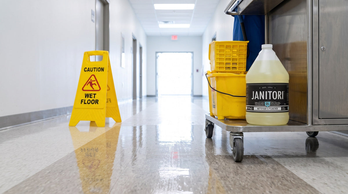 Janitori No.61 floor cleaner on a janitorial cart beside a mop bucket and wet-floor sign in a facility corridor
