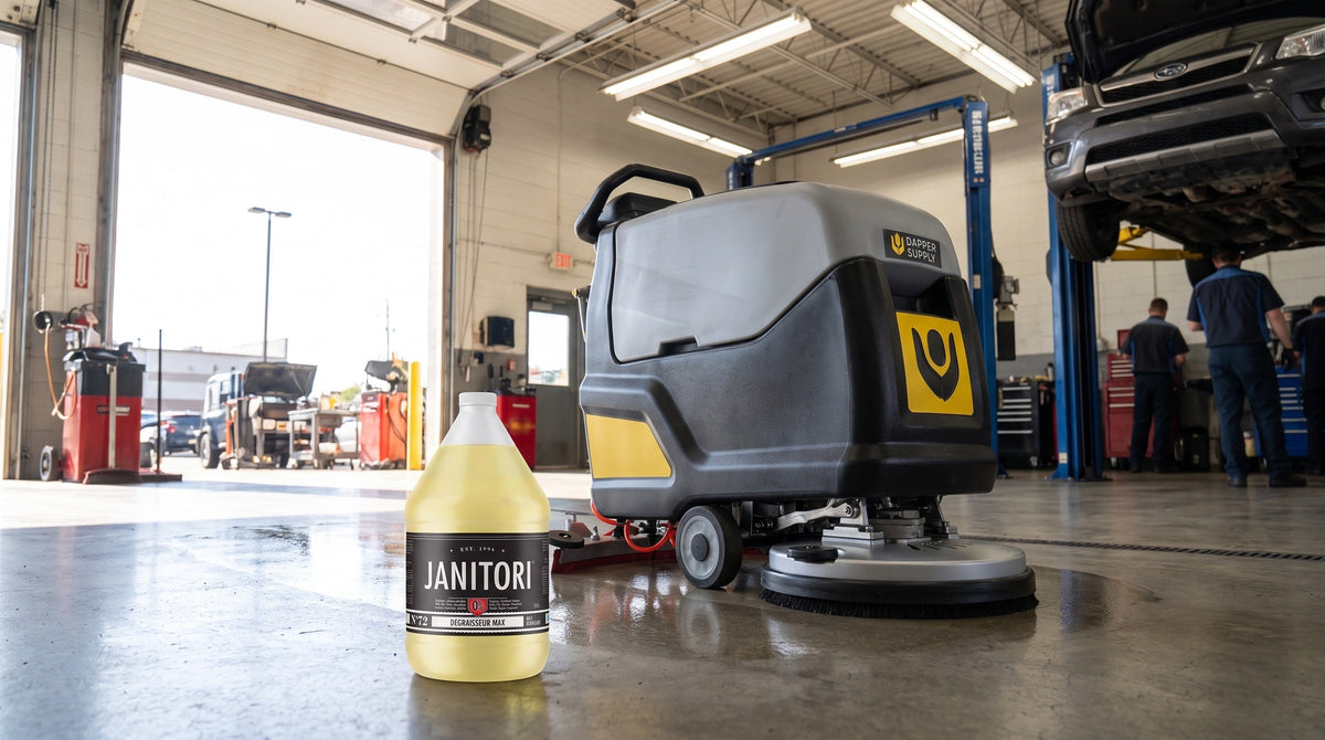 Walk-behind floor scrubber cleaning a concrete service bay floor beside a JANITORI Degreaser MAX No.72 jug