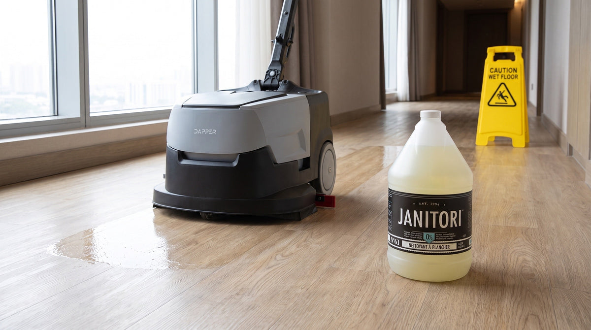 Automatic floor scrubber cleaning luxury vinyl plank flooring in a hotel corridor beside a JANITORI Floor Cleaner No.61 jug